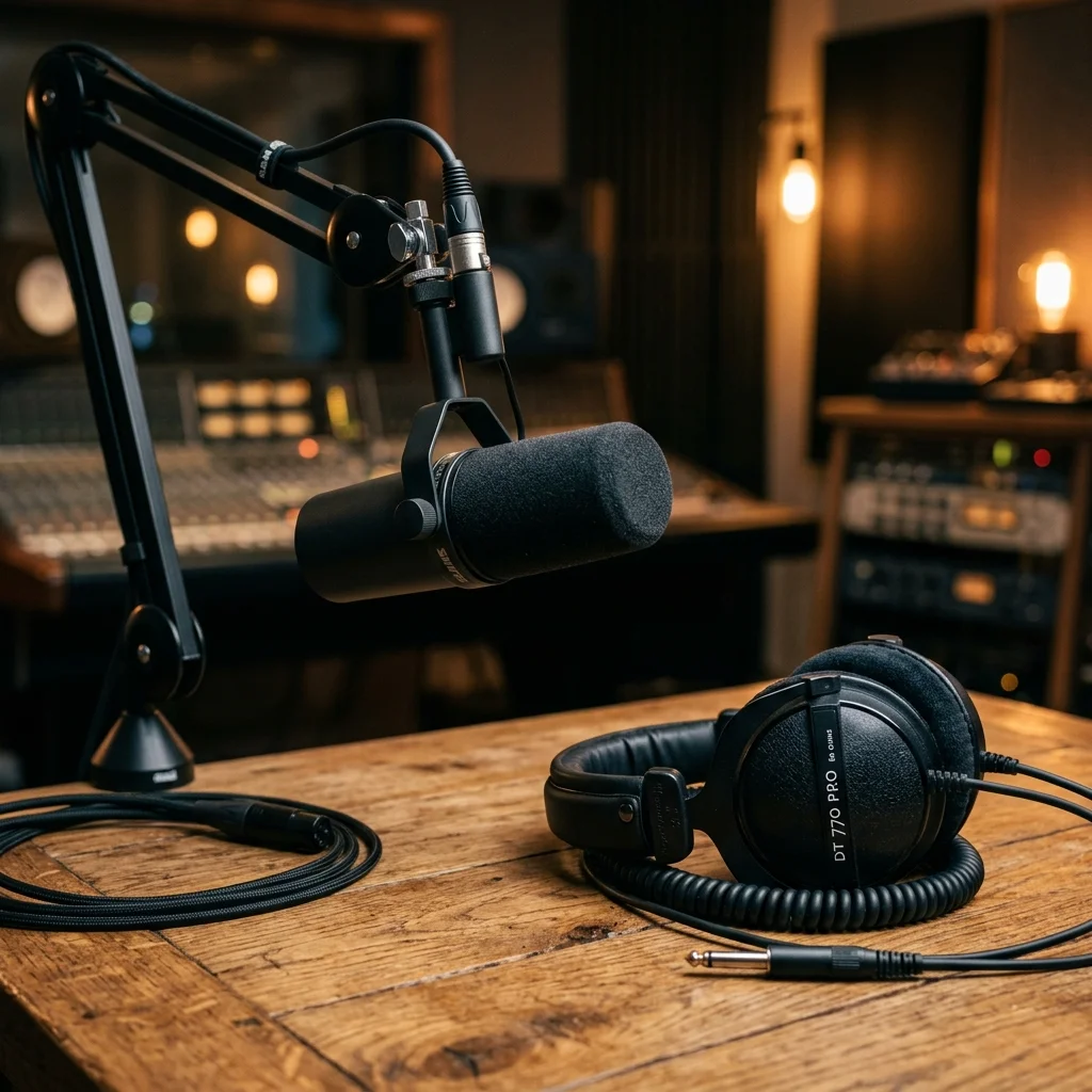 Micrófono y auriculares de podcast profesional
